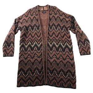 Lucky Brand Cardigan Sweater Women's 1X Orange Black Brown Aztec Long Open Front